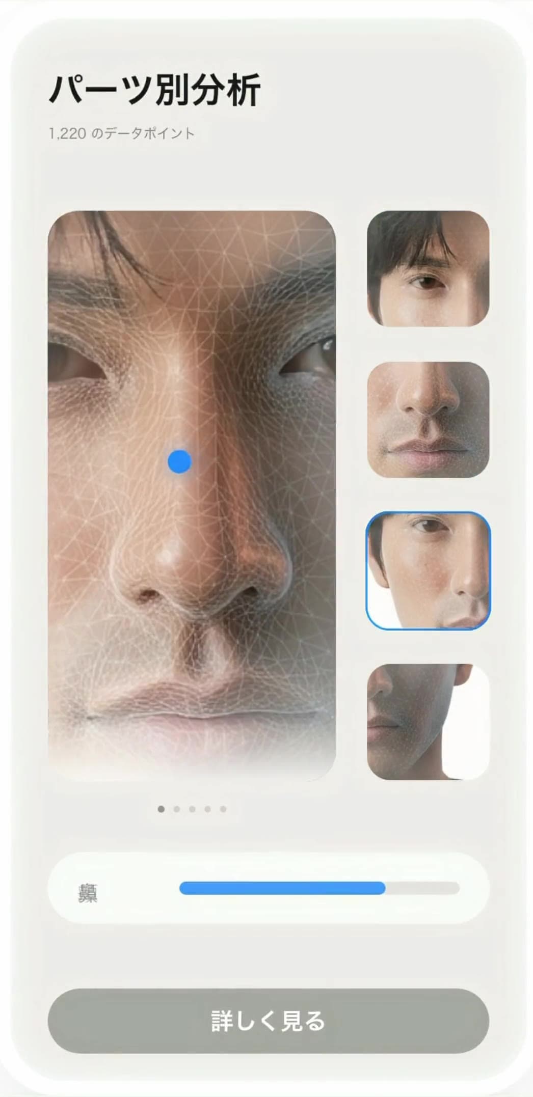 パーツ別分析の画面。顔の部位が拡大されて並んでいる